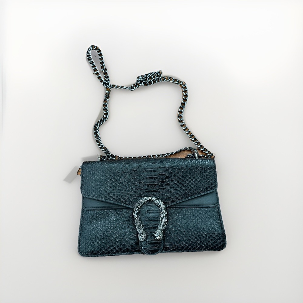 Myhozee Black Snakeskin Embossed Mermaid Buckle Chain Crossbody Bag 9.5x6.5x2.5